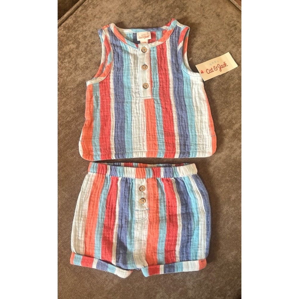 Cat & Jack Baby Boys Gauze Stripe Tank and Shorts Set 2 Piece Blue Orange 6-9M
